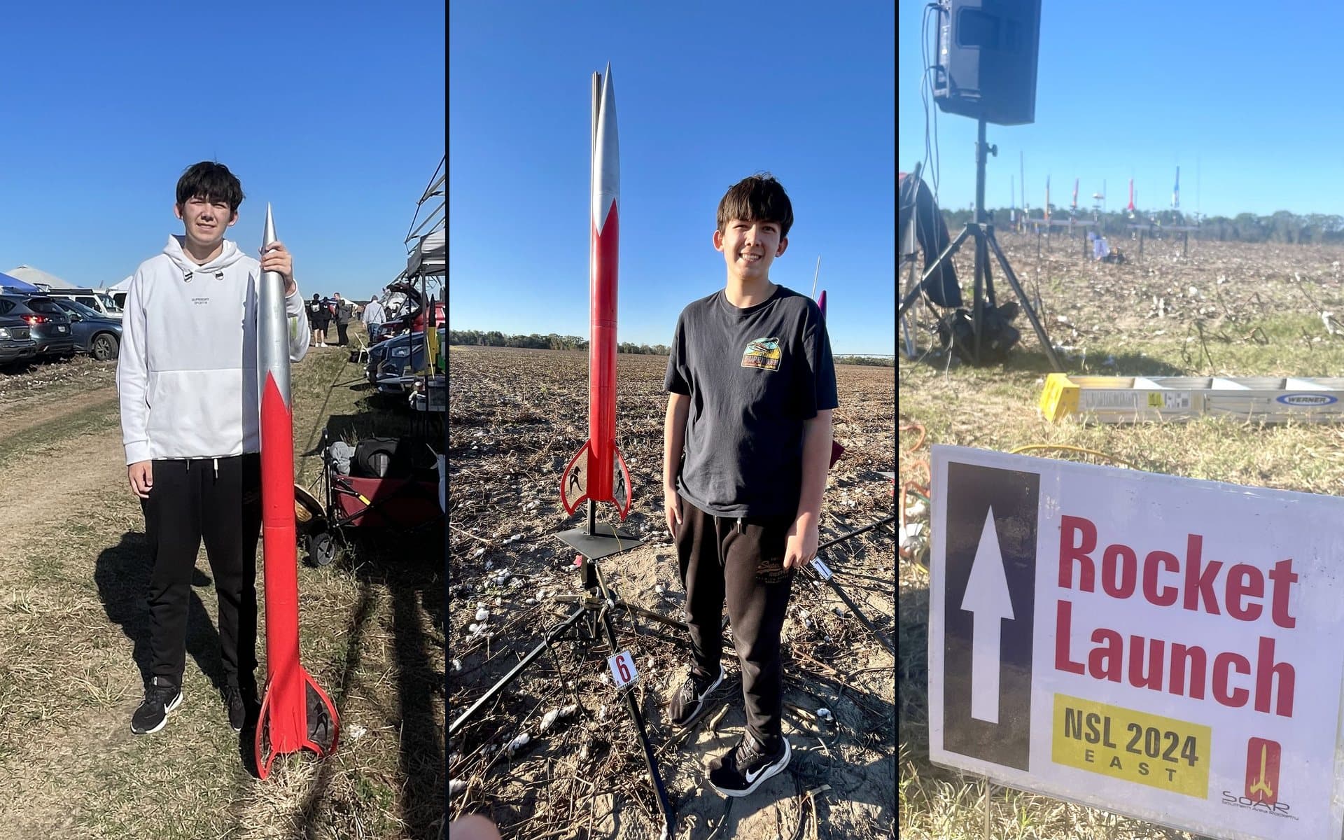 Three photos: Brodie holding his rocket, standing beside it on the pad, and the NSL 2024 launch sign